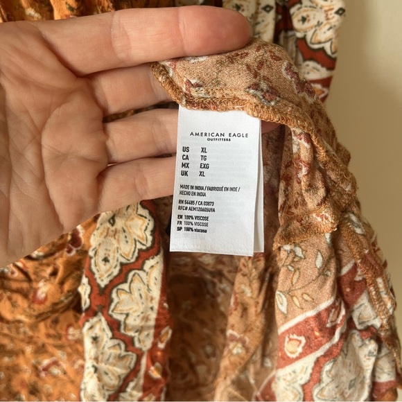 American Eagle Rust Floral Boho Mini Dress XL Bell Sleeve Smocked Waist Festival - Picture 6 of 12